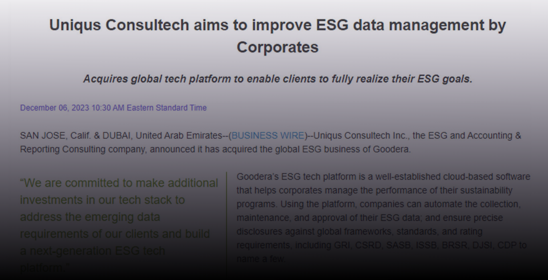 Uniqus Consultech aims to improve ESG data management by Corporates